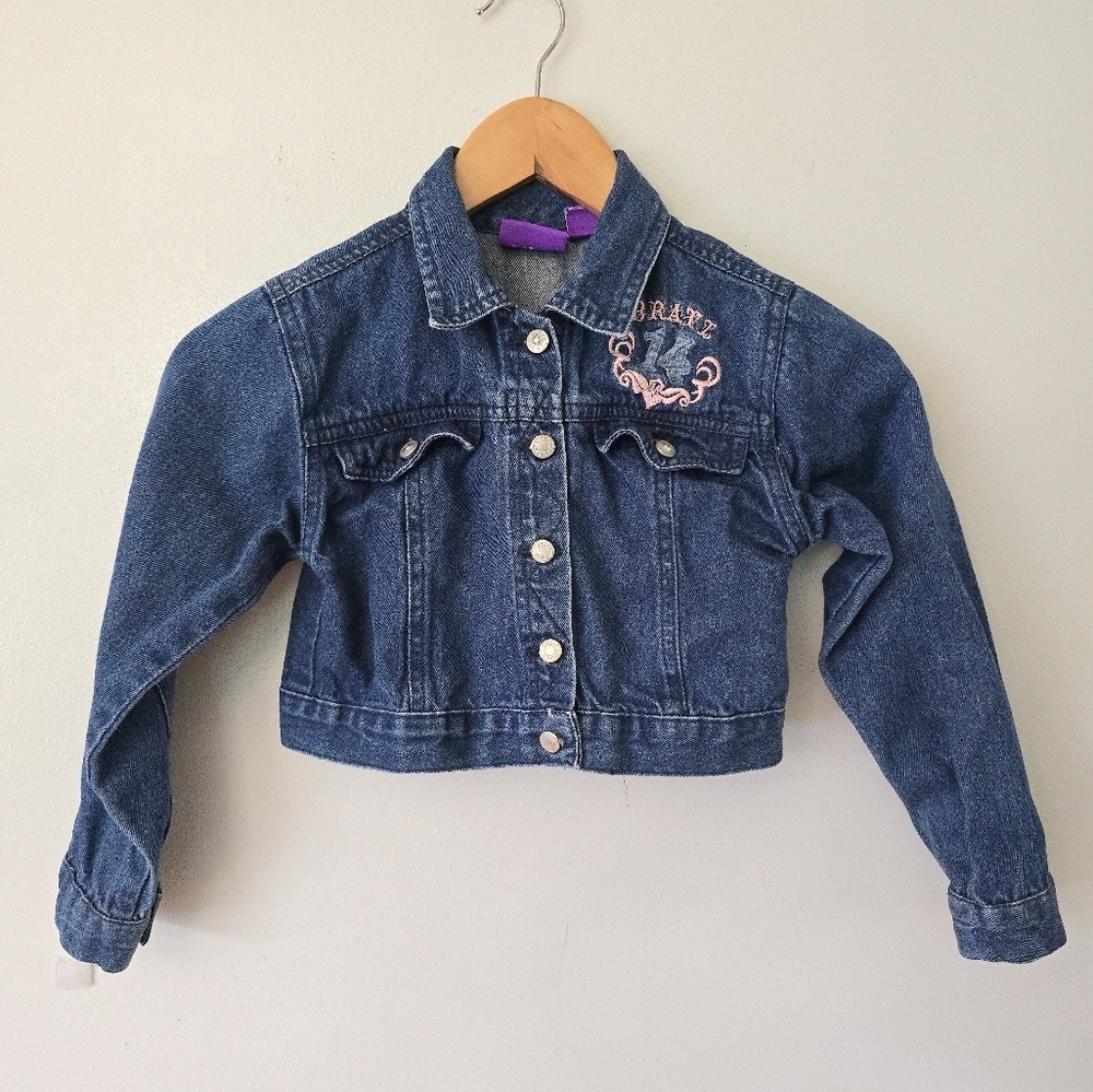 BRATZ GIRLS YOUTH Y2K VINTAGE BLUE JEAN CROPPED EMBROIDERED DENIM JACKET SZ 7/8